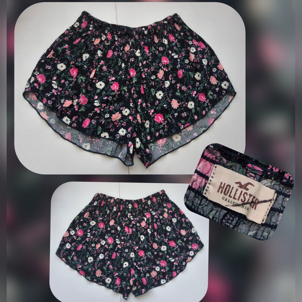 Hollister Black and Pink Pull-on Shorts Floral Design Size Med